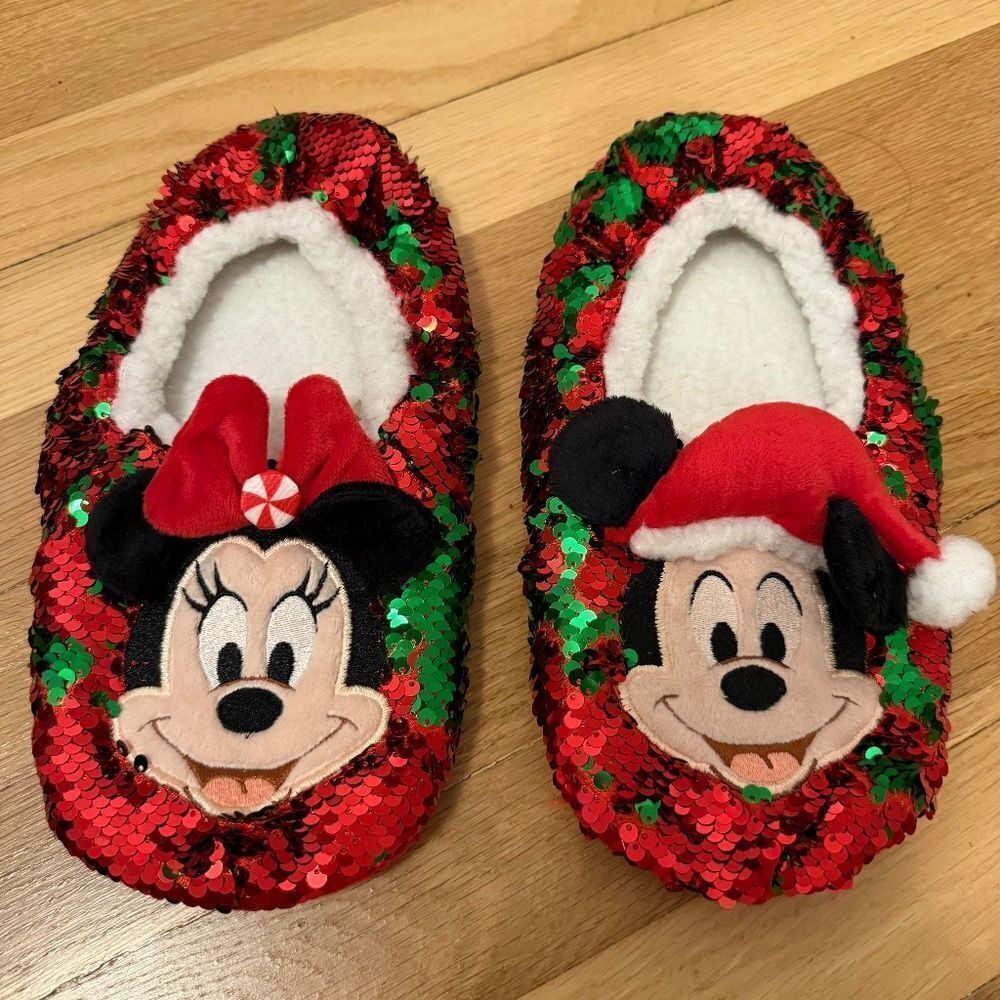 Disney Minnie & Mickey Holiday Christmas Sequins Slippers